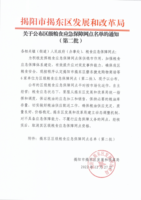 揭阳市揭东区发展和改革局关于公布区级粮食应急保障网点名单的通知（第二批）.png