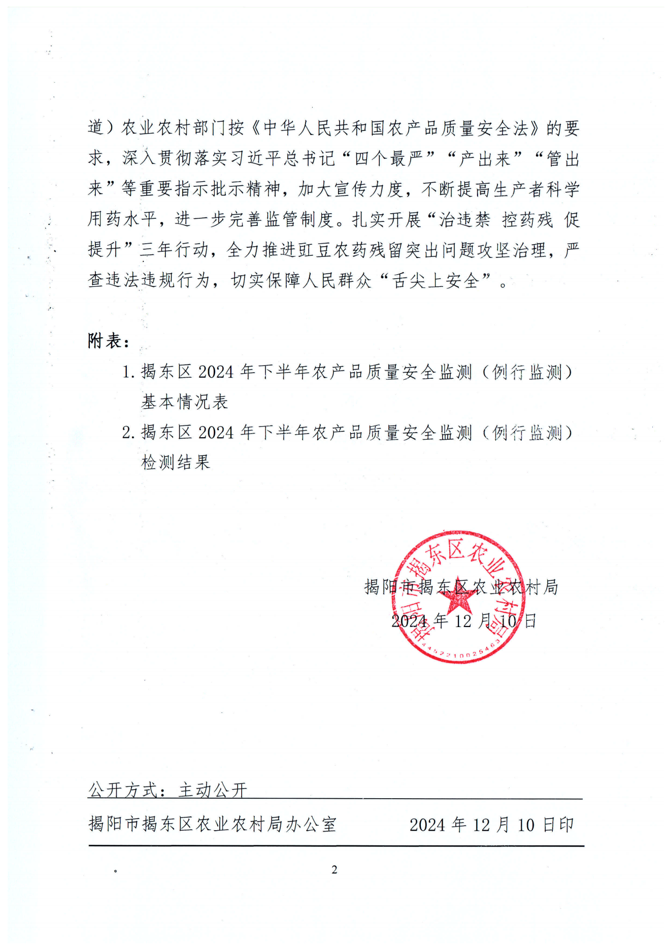 关于2024年下半年揭东区农产品质量安全监测（例行监测）检测结果的通报（揭东农〔2024〕208号）_01.png